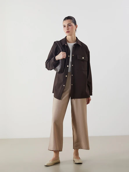 LCW Modest Bej Beli Lastikli Geniş Paça Kadın Pantolon ürün görseli 1
