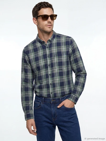 LCWAIKIKI Classic Yeşil Regular Fit Ekose Erkek Gömlek ürün görseli 1