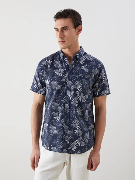 LCWAIKIKI Classic İndigo Regular Fit Kısa Kollu Desenli Poplin Erkek Gömlek ürün görseli 1