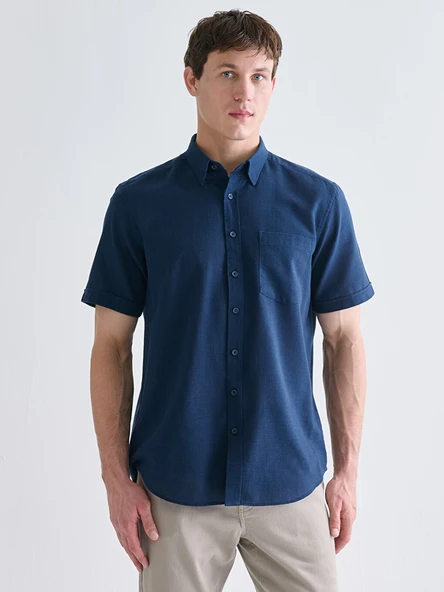 LCWAIKIKI Classic İndigo Regular Fit Kısa Kollu Armürlü Erkek Gömlek ürün görseli 1
