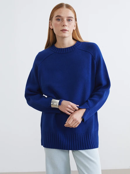 LCW Modest Mavi Bisiklet Yaka Oversize Kadın Triko Tunik ürün görseli 1