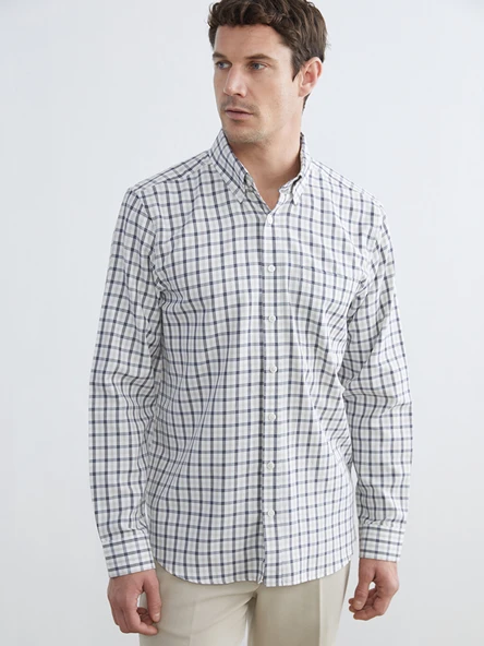 LCWAIKIKI Classic Bej Regular Fit Ekose Gabardin Erkek Gömlek ürün görseli 1