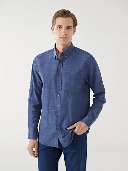 LCWAIKIKI Classic Lacivert Regular Fit Uzun Kollu Armürlü Erkek Gömlek ürün görseli 1