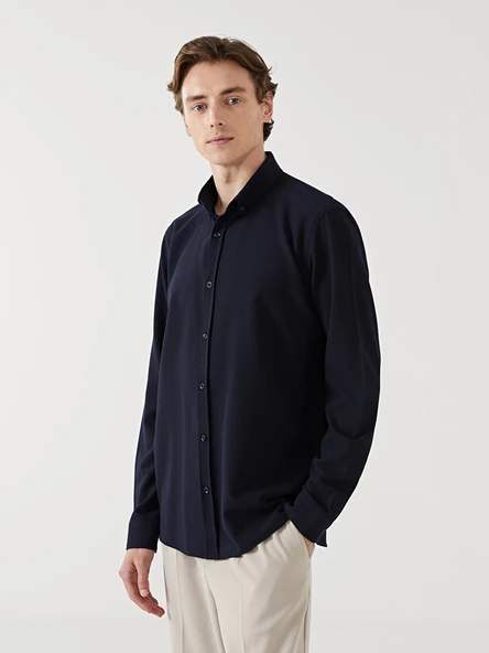 LCW Vision Lacivert Slim Fit Uzun Kollu Armürlü Erkek Gömlek ürün görseli 1