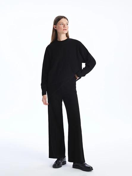 LCW Modest Siyah Beli Lastikli Düz Geniş Paça Kadın Triko Pantolon ürün görseli 1