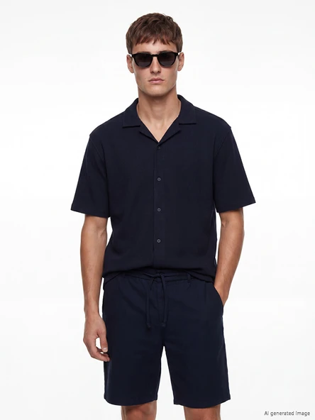 LCW Vision Lacivert Regular Fit Resort Yaka Erkek Dokulu Gömlek ürün görseli 1
