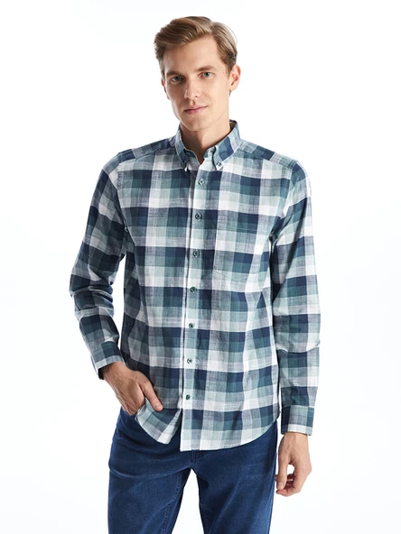 LCWAIKIKI Classic Yeşil Regular Fit Uzun Kollu Ekose Poplin Erkek Gömlek ürün görseli 1