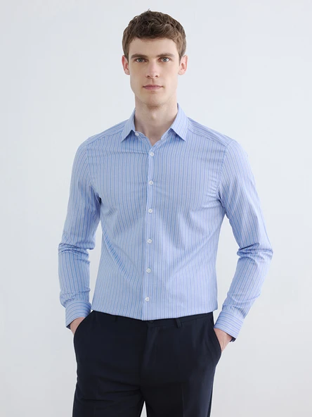 LCW BUSINESS Mavi Slim Fit Çizgili Erkek Gömlek ürün görseli 1
