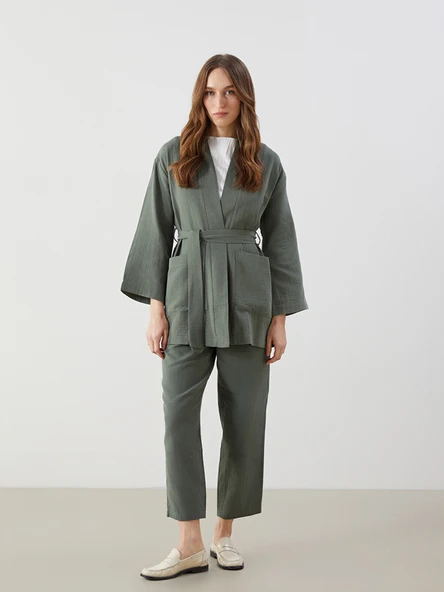 LCW Modest Haki Beli Lastikli Düz Müslin Kadın Pantolon ürün görseli 1