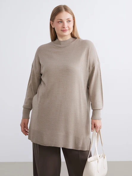 LCW Modest Bej Dik Yaka Kadın Triko Tunik - Resim 3