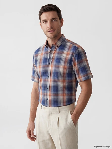 LCWAIKIKI Classic Turuncu Regular Fit Ekose Poplin Erkek Gömlek ürün görseli 1