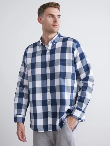LCWAIKIKI Classic Lacivert Regular Fit Uzun Kollu Ekose Armürlü Erkek Gömlek ürün görseli 1