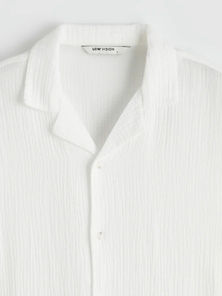 LCW Vision Beyaz Regular Fit Resort Yaka Müslin Erkek Basic Gömlek - Resim 7