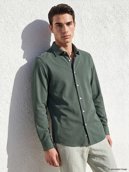LCW BUSINESS Yeşil Slim Fit Armürlü Erkek Gömlek ürün görseli 1