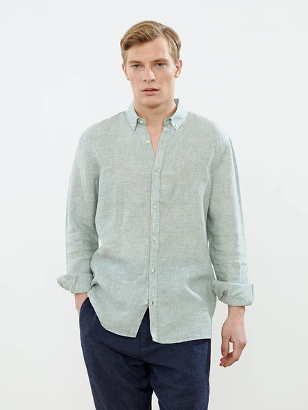 LCW Vision Yeşil Slim Fit Uzun Kollu %100 Keten Erkek Gömlek ürün görseli 1