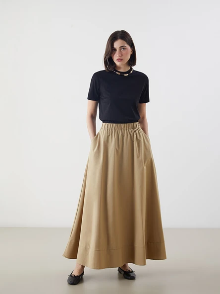 LCW Modest Haki Beli Lastikli Poplin Kloş Etek ürün görseli 1