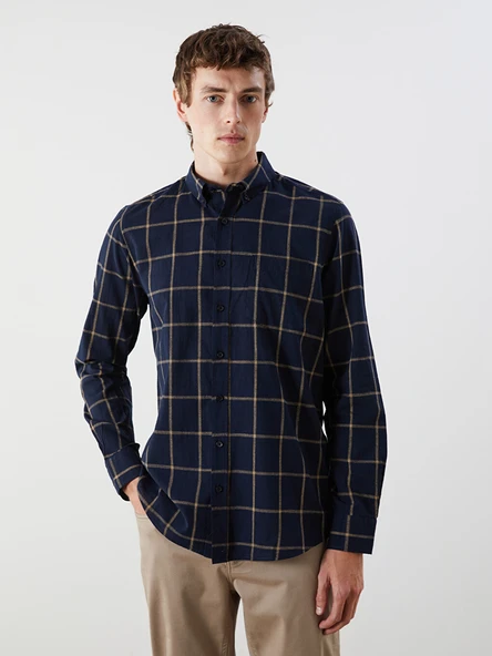 LCWAIKIKI Classic Lacivert Regular Fit Uzun Kollu Ekose Poplin Erkek Gömlek ürün görseli 1