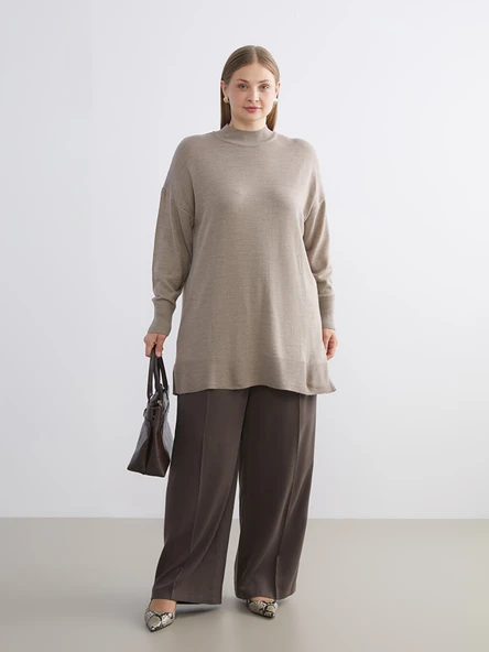 LCW Modest Bej Dik Yaka Kadın Triko Tunik - Resim 4