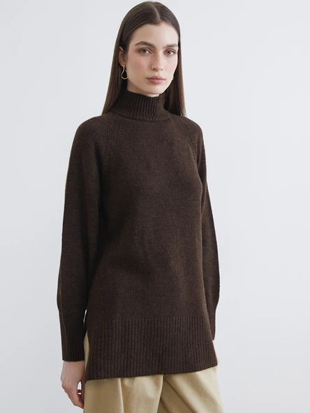 LCW Modest Kahverengi Balıkçı Yaka Oversize Kadın Triko Tunik ürün görseli 1