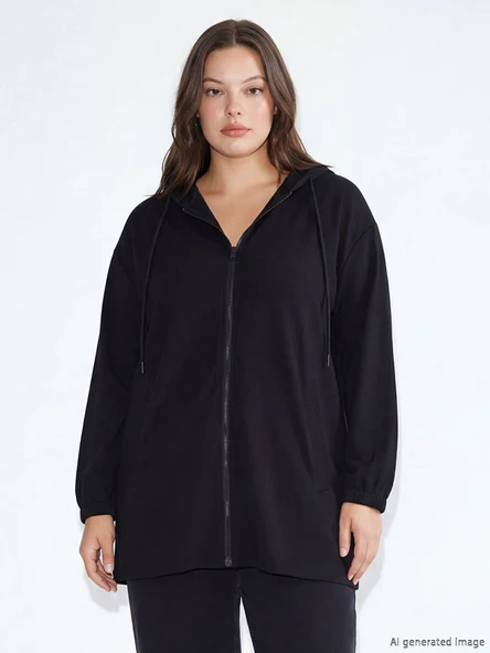 LCW Modest Siyah Kapüşonlu Oversize Kadın Tunik - Resim 2