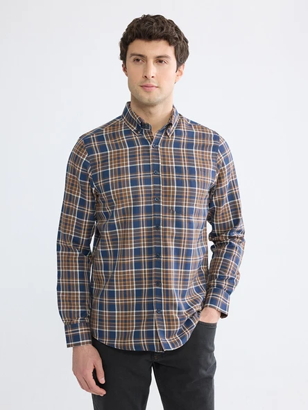 LCWAIKIKI Classic Kahverengi Regular Fit Ekose Desenli Gabardin Erkek Gömlek ürün görseli 1