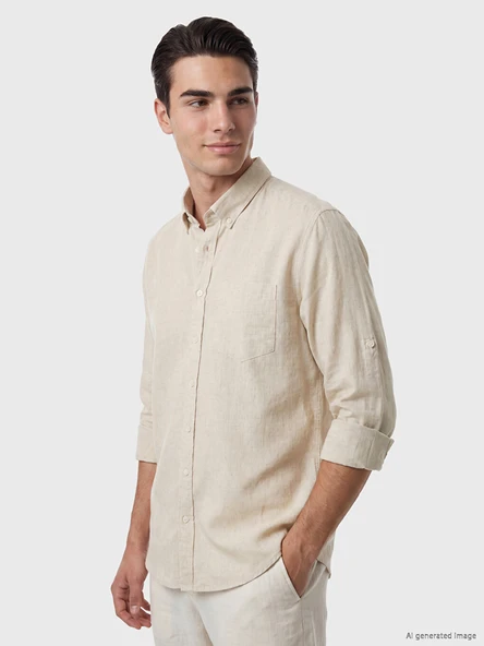 LCWAIKIKI Classic Bej Regular Fit Keten Karışımlı Erkek Gömlek ürün görseli 1