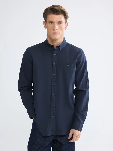 LCWAIKIKI Classic Lacivert Regular Fit Keten Karışımlı Erkek Gömlek ürün görseli 1