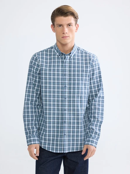 LCWAIKIKI Classic Mavi Regular Fit Ekose Gabardin Erkek Gömlek ürün görseli 1