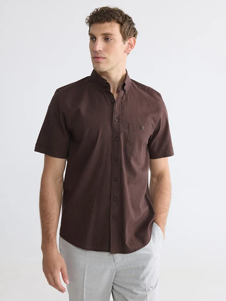 LCWAIKIKI Classic Kahverengi Regular Fit Keten Karışımlı Erkek Gömlek ürün görseli 1