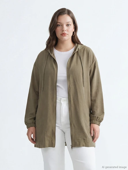 LCW Modest Haki Kapüşonlu Oversize Kadın Tunik - Resim 2