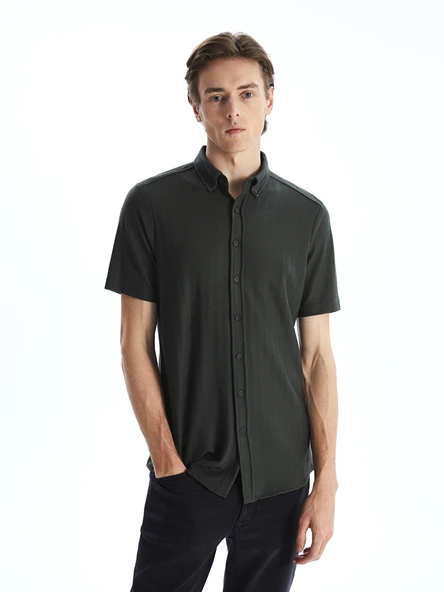 LCWAIKIKI Classic Yeşil Regular Fit Kısa Kollu Desenli Poplin Erkek Gömlek ürün görseli 1