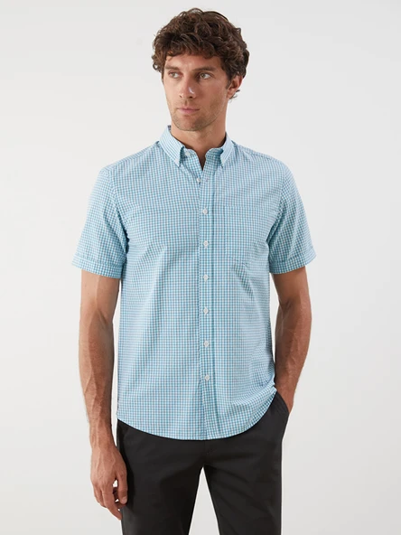 LCWAIKIKI Classic Yeşil Regular Fit Kısa Kollu Ekose Poplin Erkek Gömlek ürün görseli 1