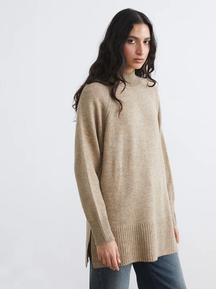 LCW Modest Bej Balıkçı Yaka Oversize Kadın Triko Tunik ürün görseli 1