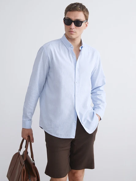 LCW Vision Mavi Regular Fit Uzun Kollu Keten Karışımlı Erkek Gömlek ürün görseli 1