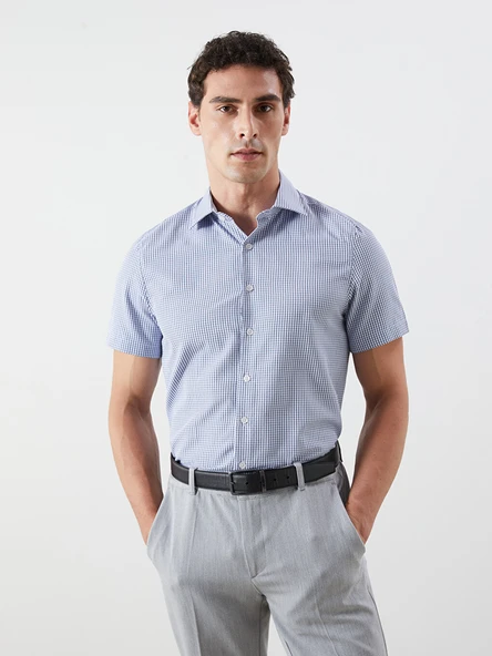 LCW BUSINESS Mavi Regular Fit Kısa Kollu Ekose Poplin Erkek Gömlek ürün görseli 1