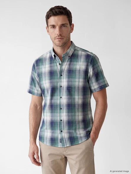 LCWAIKIKI Classic Yeşil Regular Fit Ekose Poplin Erkek Gömlek ürün görseli 1
