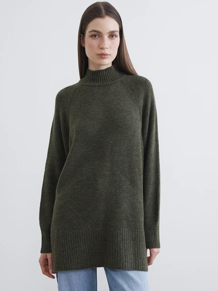 LCW Modest Haki Balıkçı Yaka Oversize Kadın Triko Tunik ürün görseli 1