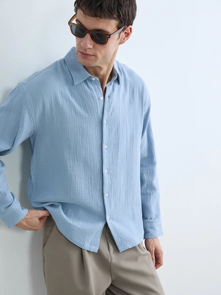 LCW Vision Mavi Regular Fit Dokulu Erkek Gömlek ürün görseli 1