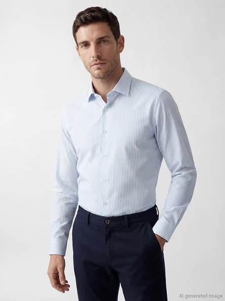 LCW BUSINESS Mavi Slim Fit Çizgili Erkek Gömlek ürün görseli 1