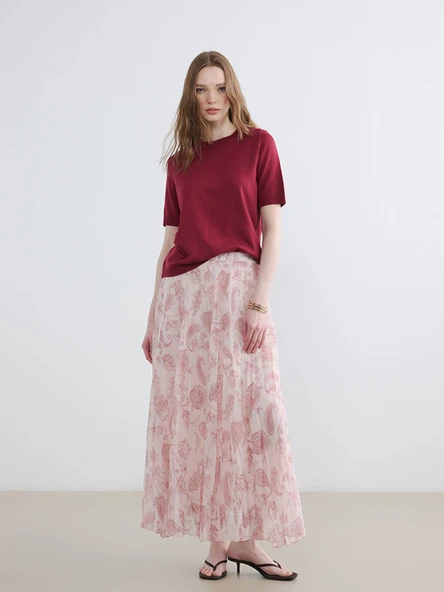 LCW Modest Pembe Beli Lastikli Desenli Şifon Pileli Etek ürün görseli 1