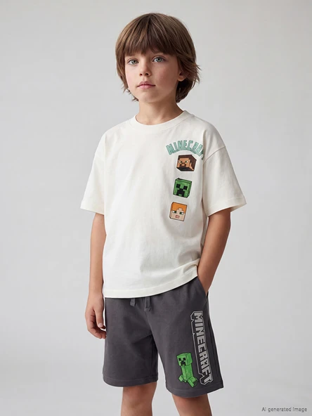 LCW Kids Bej Minecraft Baskılı Erkek Çocuk Tişört ürün görseli 1