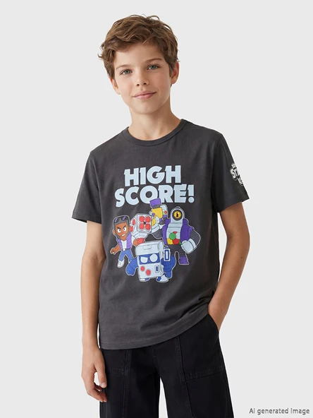 LCW Kids Antrasit Bisiklet Yaka Brawl Stars Baskılı Erkek Çocuk Tişört ürün görseli 1
