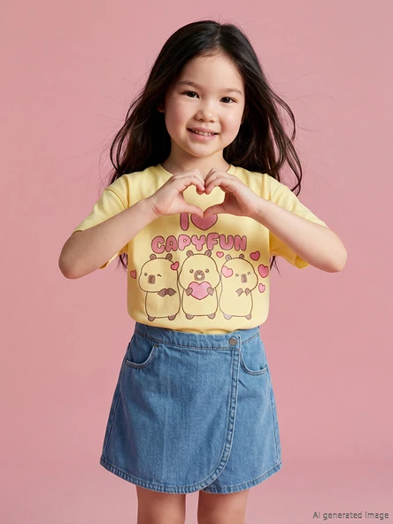 LCW Kids Sarı Bisiklet Yaka Capyfun Baskılı Kız Çocuk Tişört ürün görseli 1