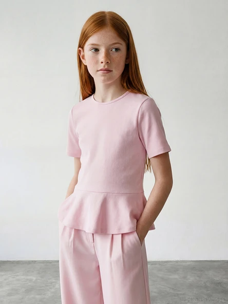 LCW Kids Pembe Bisiklet Yaka Kız Çocuk Volanlı Tişört ürün görseli 1