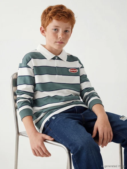LCW Kids Yeşil Çizgili Polo Yaka Erkek Çocuk Tişört ürün görseli 1