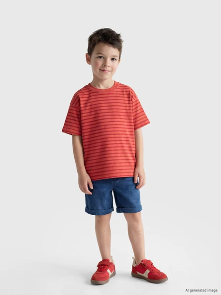 LCW Kids Kırmızı Bisiklet Yaka Çizgili Erkek Çocuk Tişört ürün görseli 1