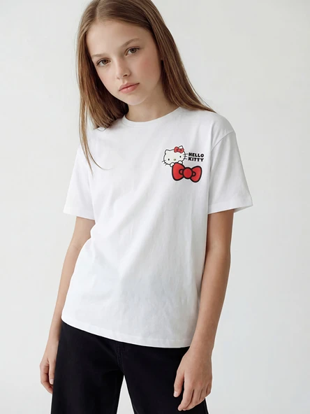 LCW Kids Beyaz Bisiklet Yaka Hello Kitty Baskılı Kız Çocuk Tişört ürün görseli 1