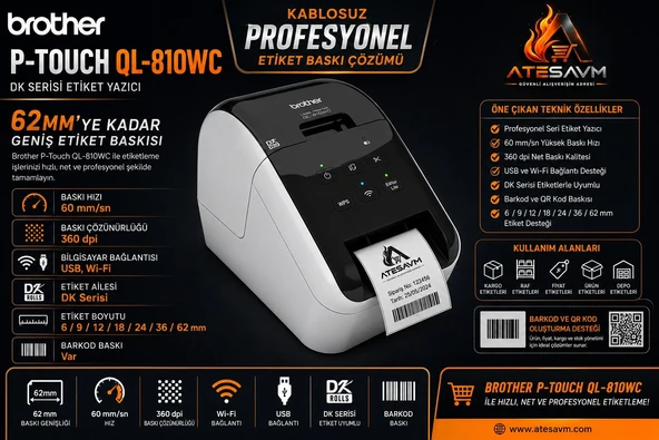 BROTHER P-TOUCH QL-810WC 62MM e kadar Baskı Dk serisi USB Wi-Fi Etiket Yazıcı ürün görseli 1