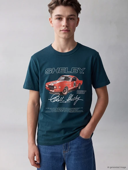 LCW Kids Petrol Bisiklet Yaka Shelby Baskılı Erkek Çocuk Tişört ürün görseli 1