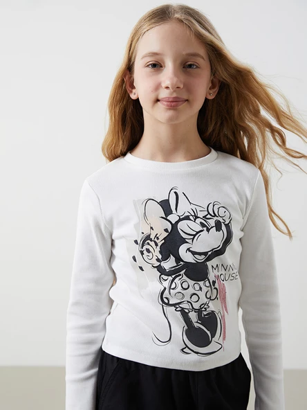 LCW Kids Ekru Bisiklet Yaka Minnie Mouse Baskılı Kız Çocuk Tişört ürün görseli 1